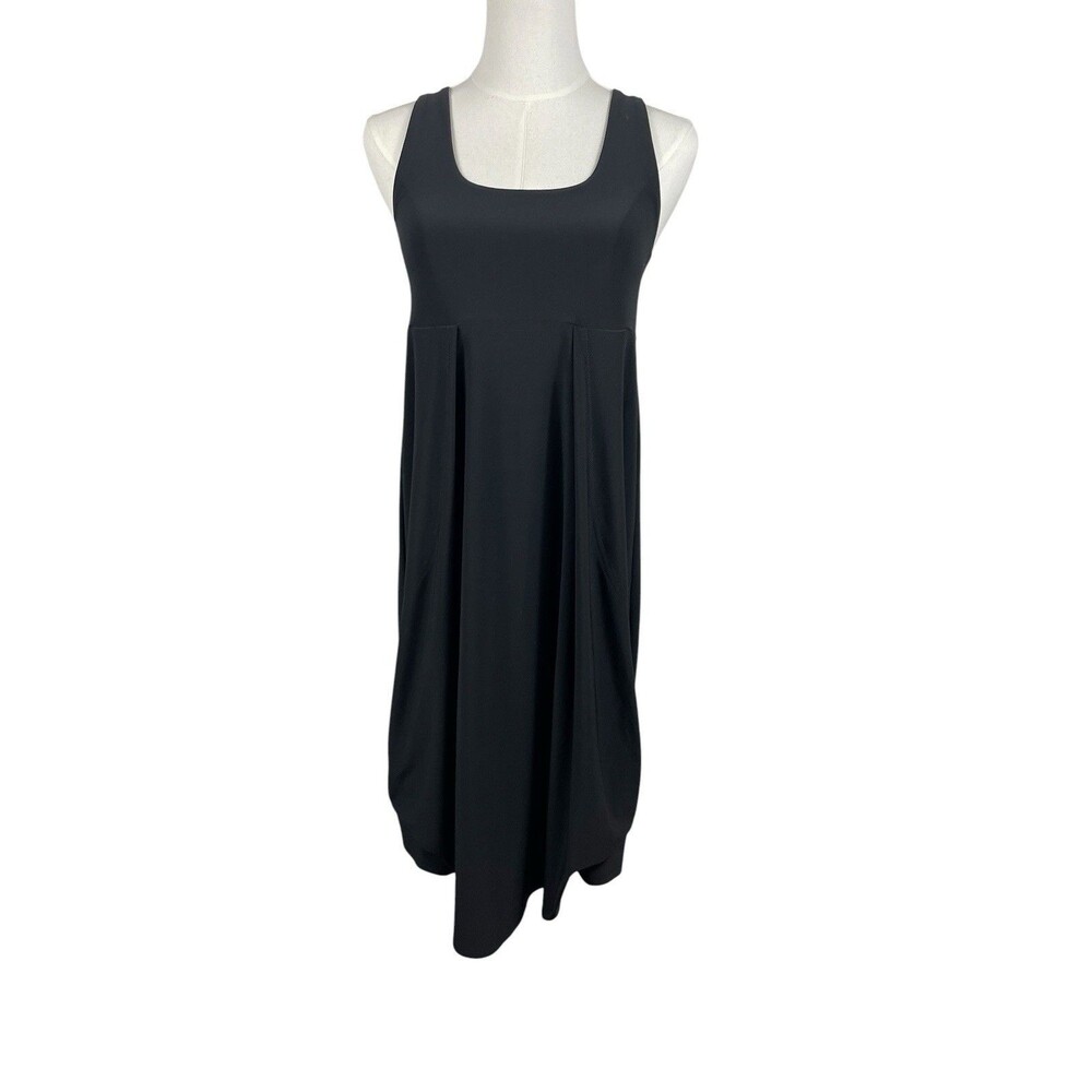 Sympli Black Sleeveless Tank Dress Draped Pleated Stretch High Waist Fit Flare 4